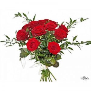 Bukiet z 12 bordowych róż z dodatkiem z liśćmi ruskusa i atłasową wstążką.