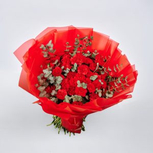 Bukiet z czerwonego goździka z dodatkiem eukaliptusa i folii